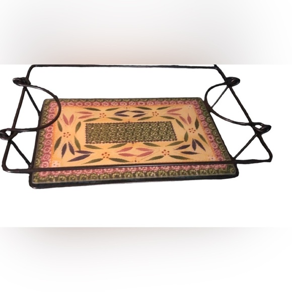 Temptations Wrought Iron Casserole Holder Glass Print Insert Sz. 10”X8” - Picture 1 of 4